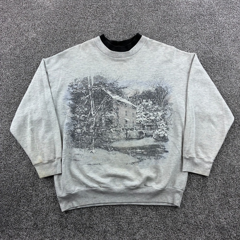 Vintage Winter Cabin Sweatshirt Mens Medium Gray Cotton Scenic Snow Mill Graphic
